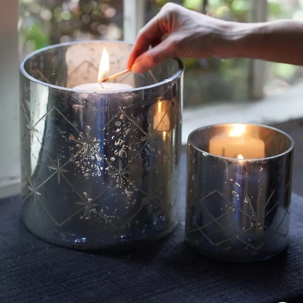 Set Mercury Glass Diamond Etched Set 2 hurricane candle holders